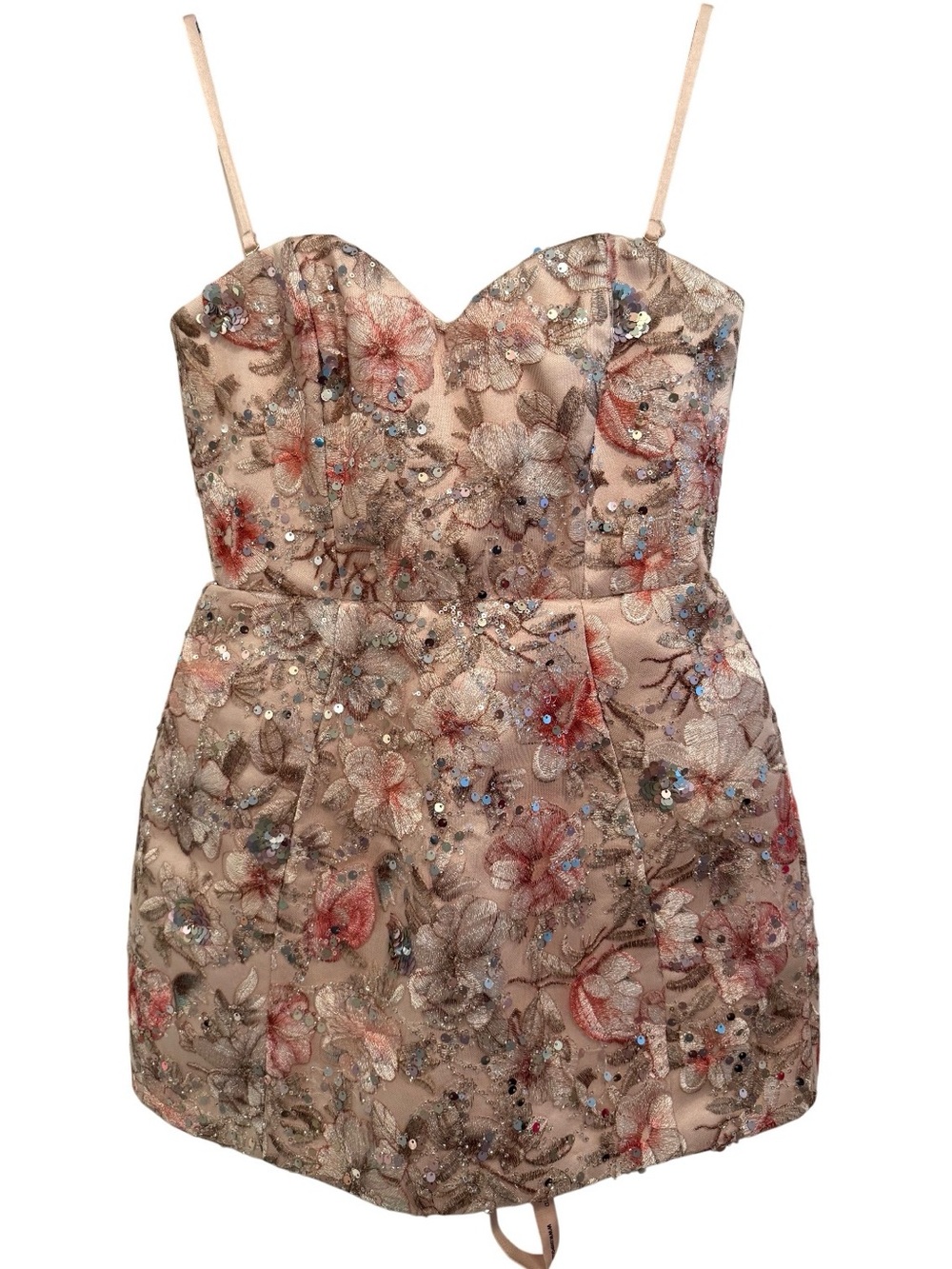 NEW Oh Polly Floral Beige Embroidered Sequin Sweetheart Mini Dress
